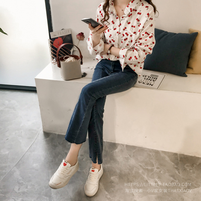 女裝新款2021長袖襯衫女寬松韓版甜美櫻桃印花襯衣打底衫上衣