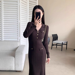 法式赫本风针织连衣裙女2025春秋新款POLO领修身显瘦内搭鱼尾裙