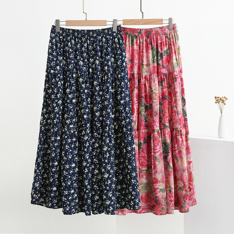 New Floral Skirt, High-Waisted Slimming Long Skirt, Women's Summer Cotton Silk Black Cake Skirt, Large Size A-Line Long Skirt