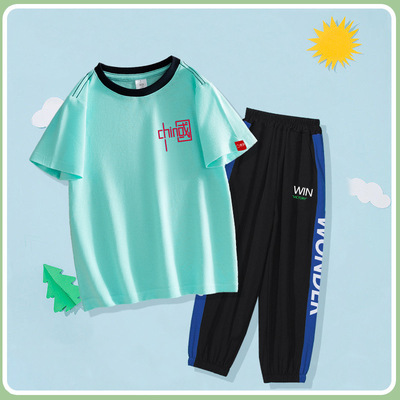 Barabara Boy Summer wear children pure cotton Short sleeved T-shirt Mosquito control trousers clothing suit One piece On behalf of