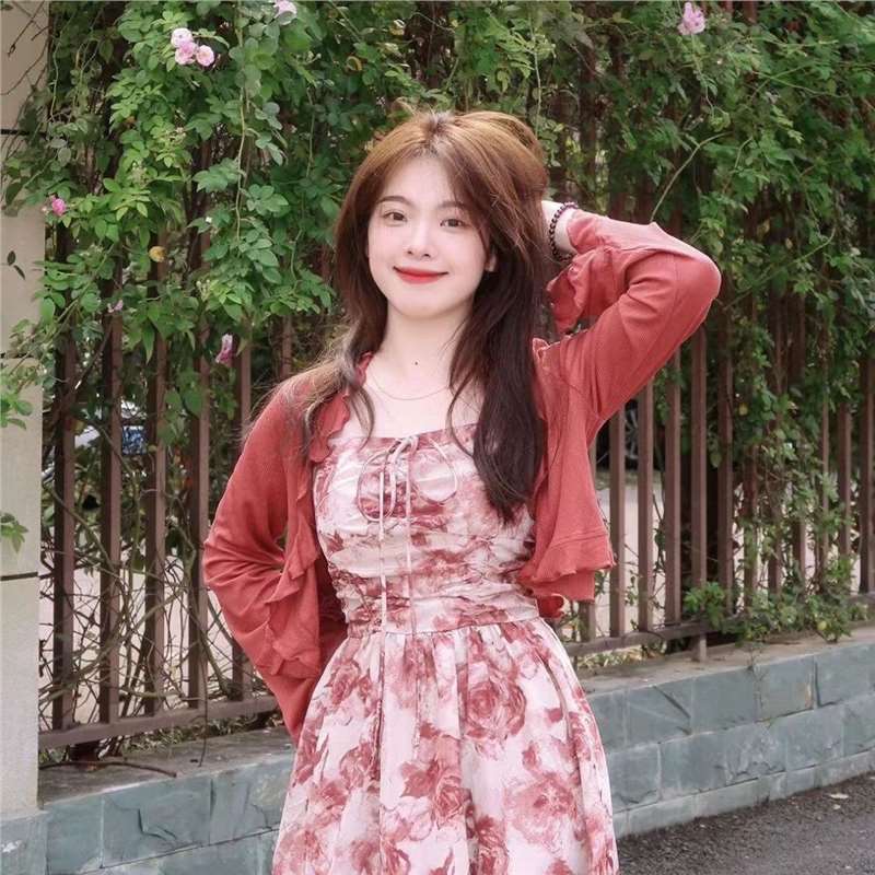 甜辣风碎花吊带连衣裙套装女秋薄款荷叶边防晒衣开衫甜美收腰长裙|undefined