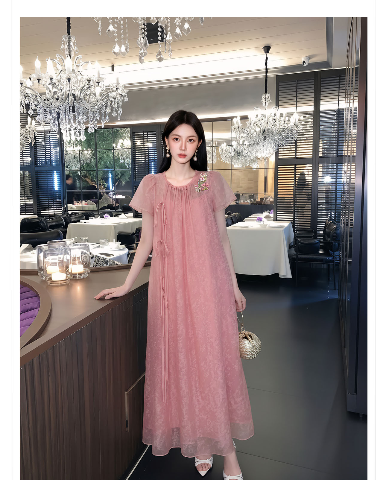Đầm maxi nữ thắt eo phong cách Tân Trung Hoa tay ngắn — Hồng【Phiên bản tay ngắn】 chi tiết 6