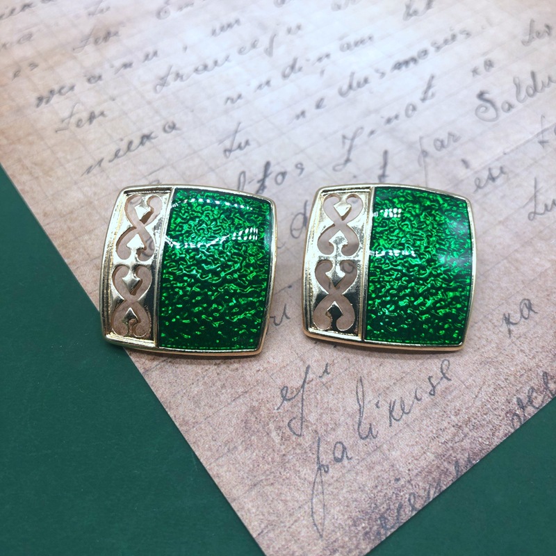 8g Weight No Inlaid Inlay Material Earrings, Ear Studs Classification Wedding, Travel Occasion Star Pattern Women'S Gender Fashion Style Green, Silver Color Retro Emerald Green Drip Glaze Alloy Earrings 3