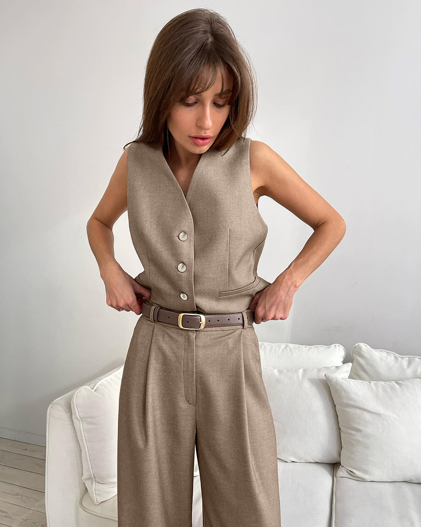 V Neck Neckline Street Women's Casual Solid Color Polyester Pocket Pant Co-ord Set Pants Sets