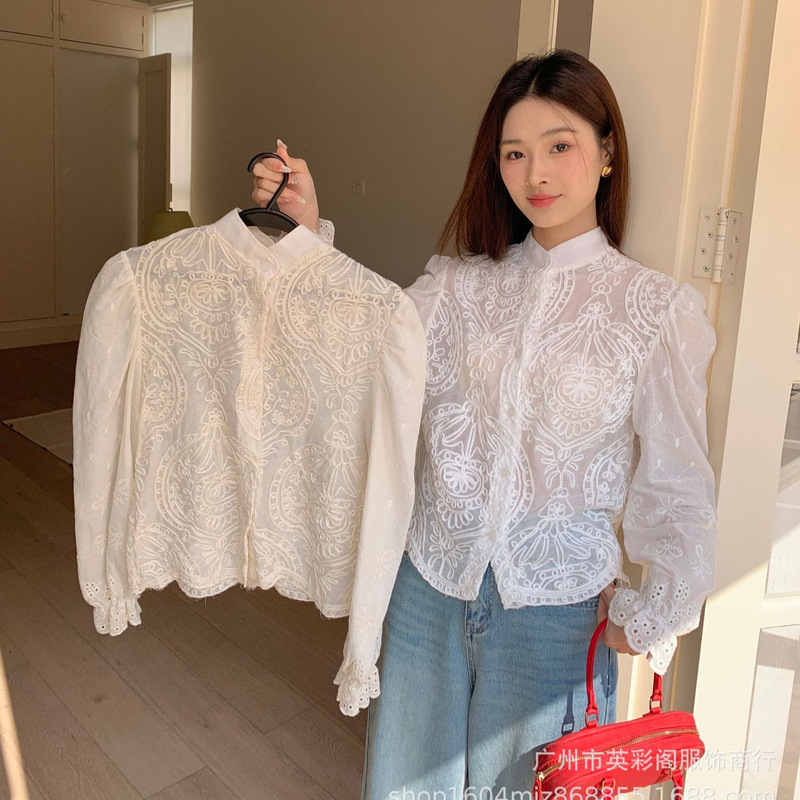 Design sense crochet lapel micro through lace shirt new spring and autumn French temperament slimming stacked slimming shirt