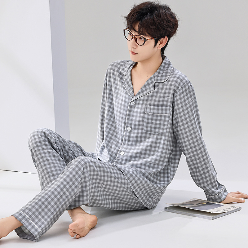Men's cotton pajamas spring and summer new long-sleeved trousers suit artificial cotton home wear dad pajamas