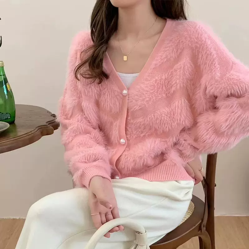 仿水貂绒秋冬新款针织毛衣女外套法式小香风v领软糯宽松减龄开衫