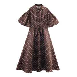 速卖通批发春季新款女装波点翻领单排扣泡泡袖蝴蝶结收腰长连衣裙