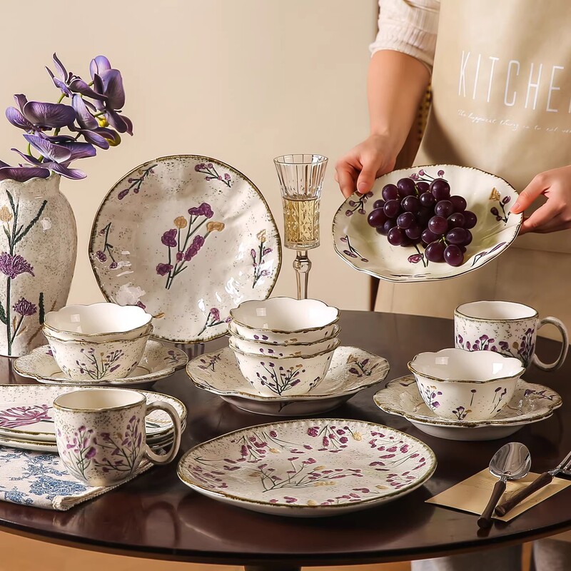 French-Style Vintage Underglaze Ceramic Tableware: Plates, Bowls, Soup Bowls, Noodle Bowls, Dessert Mugs for Home Use