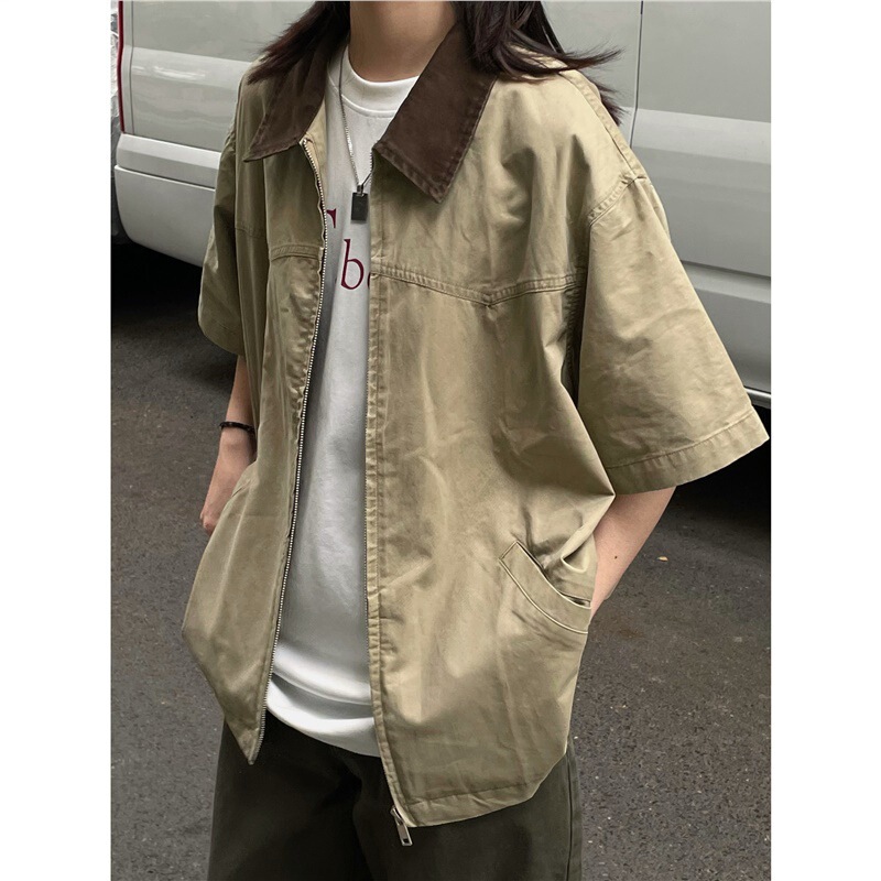 Summer New Japanese Retro Washed Lapel Zipper Pocket Shirt Unisex Loose Short Sleeve Full Top Jacket