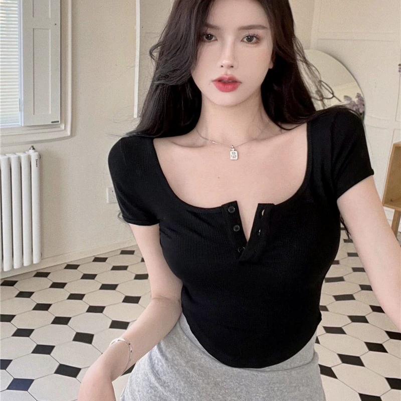 Хлопковая дизайнерская Sexy футболка, короткий топ с чашечками, красивый спинкой, с коротким рукавом