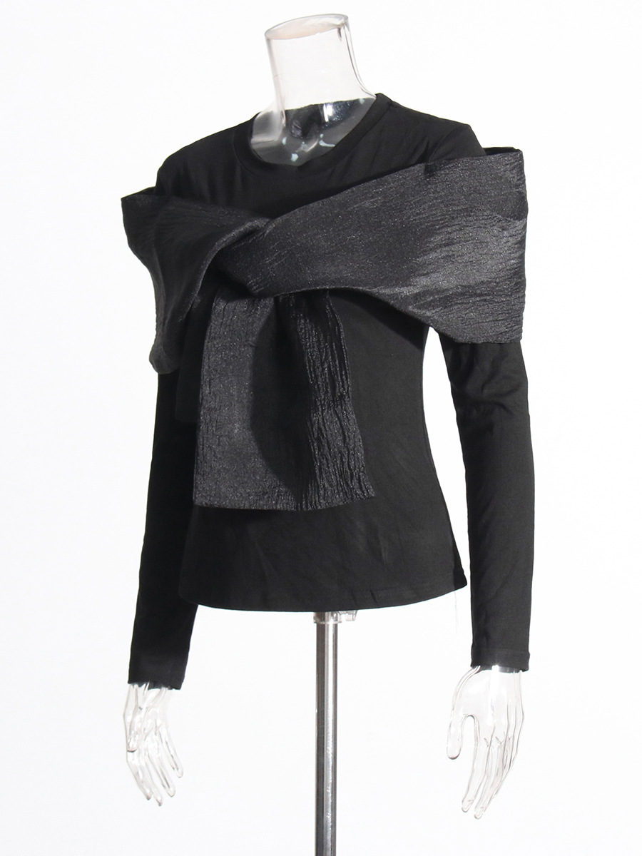 Camiseta de Moda para Mujer, Estilo Influencer, Diseño de Nicho, Otoño 2025, Cuello Redondo, Manga Larga, Lazo Cruzado Único, Color Sólido