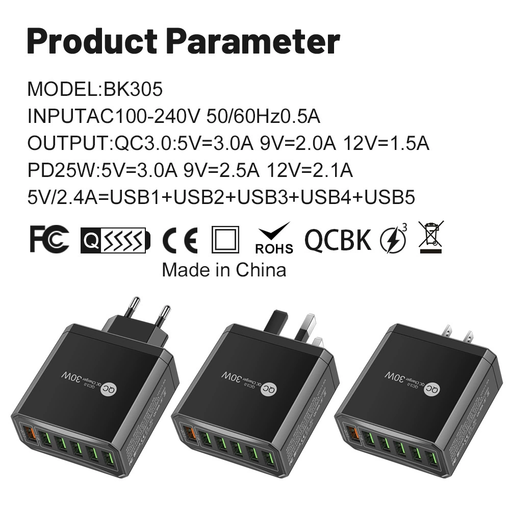 6-портовое QC3.0 зарядное устройство для мобильных, многопортовая быстрая зарядка, 30W, европейская/американская/британская/корейская вилка