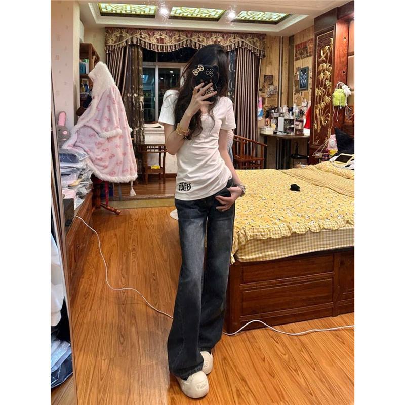 白色V领收腰短袖T恤女夏季设计感十字架印花修身显瘦辣妹百搭上衣