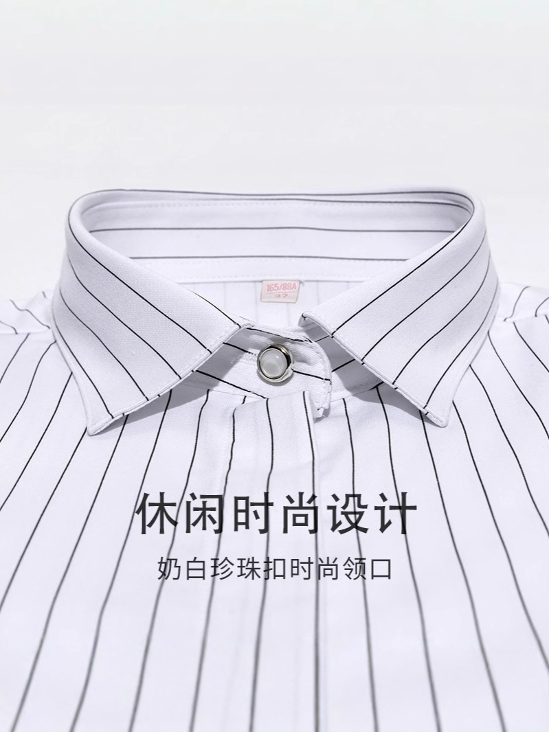 Procesamiento personalizado blanco y negro contraste camisa a rayas verticales de manga larga OL de viaje estricto impresión camisa negra de mujer image 3