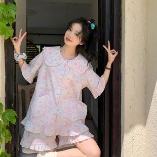 2024 New Sweet Doll Collar Short-sleeved Pajamas Women's Summer Cute Cat Lace Casual Home Clothes Two-piece Set