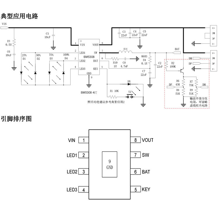 SM5308 2.1A充電2.4A放電高集成度移動電源SOC 升壓DC-DC轉換器