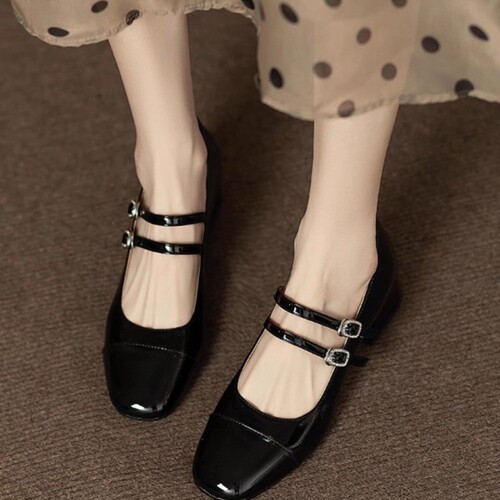 Silver Mary Jane Flat Shoes for Women - New Summer Small Leather Shoes with Medium Heel, Thick Heel, High Heel French Style to Match Skirts and Ballet Flats