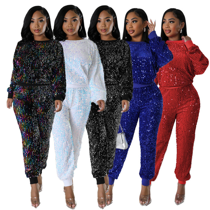 9450 Amazon Cross-Border European and American Clothing Long-Sleeved Suit Autumn and Winter New Fashion Party Sequined Casual Two-Piece Set