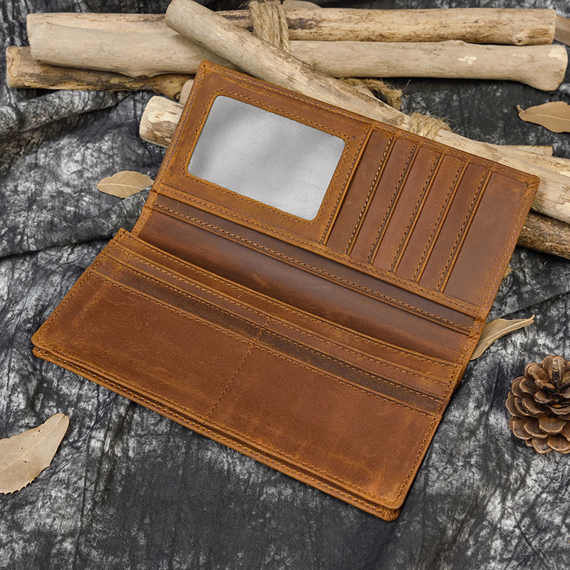 Cross-border Classic Genuine Leather 80% off Long Wallet Unisex Crazy Horse Leather Multi-Card Slot Card Holder Fashion Casual Money Clip