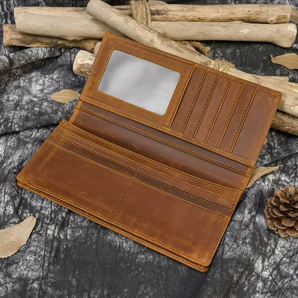Cross-border Classic Genuine Leather 80% off Long Wallet Unisex Crazy Horse Leather Multi-Card Slot Card Holder Fashion Casual Money Clip