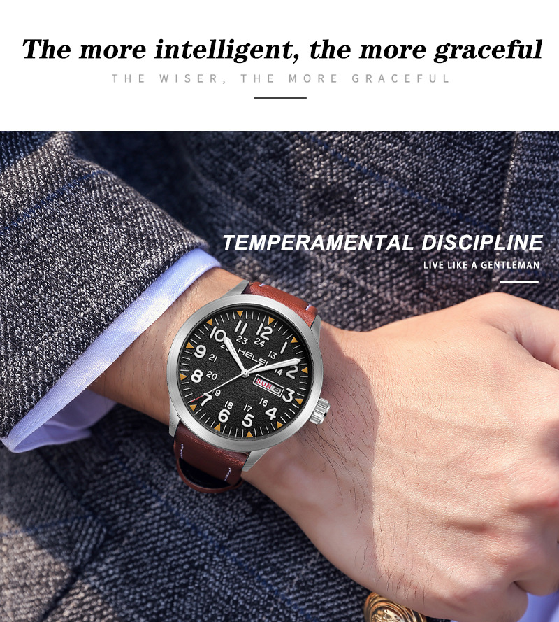 New Brand HELEI Men's Watch Genuine Leather Waterproof Luminous Wrist Watch Quartz Watch Calendar Week Display_voghion.com