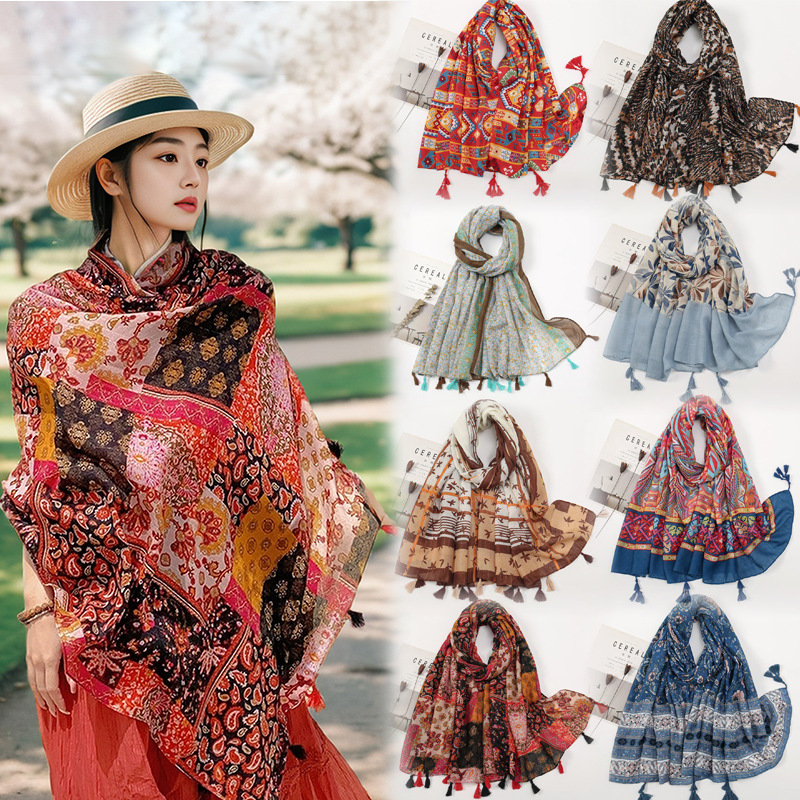 跨境出口棉麻手感围巾国风服饰穿搭丝巾女款民族风防晒流苏披肩