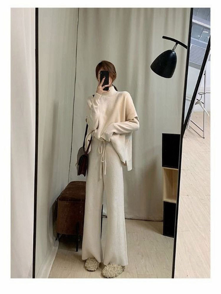 Spring New Lazy Style Casual Loose Waist High Collar Sweater Wide Leg Pants Knitted Women s Piece Set_voghion.com