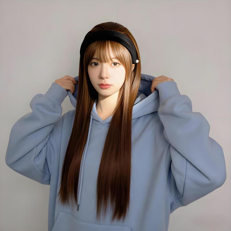 Tiktok Hot-Selling Women's Pearl Black Headband Black Long Straight Wig One-Piece Half Wig Influencer Same Style Machine-Made Synthetic Hair