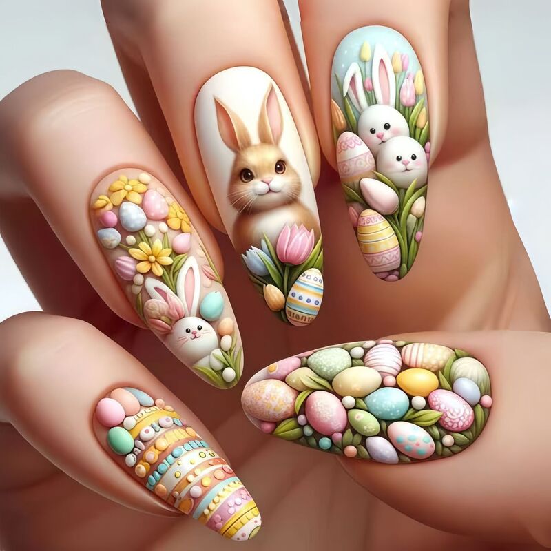 Easter Bunny Egg Nail Art, Macaron Color Series Fake Nails, Fashionable European and American Ins-Style Nail Art Easter Bunny Egg Nail Art, Macaron Color Series Fake Nails, Fashionable European and American Ins-Style Nail Art