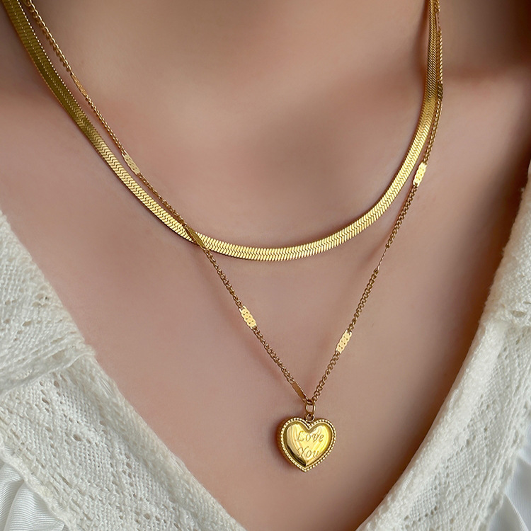 Love Double Layer Layered Titanium Steel Necklace, Light Luxury and Versatile Snake Bone Chain, Personalized Peach Heart _voghion.com