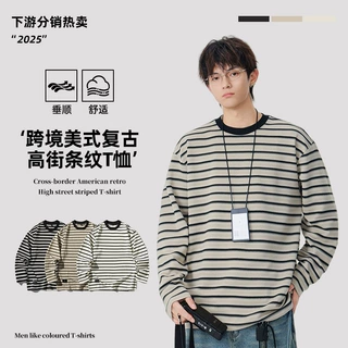 日系复古条纹长袖t恤男款春秋潮牌青少年衣服宽松内搭圆领打底衫