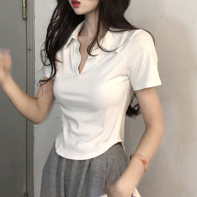 衬衫领做法220克40支95棉5氨纶天猫抖音质量 正肩polo领短袖t恤女