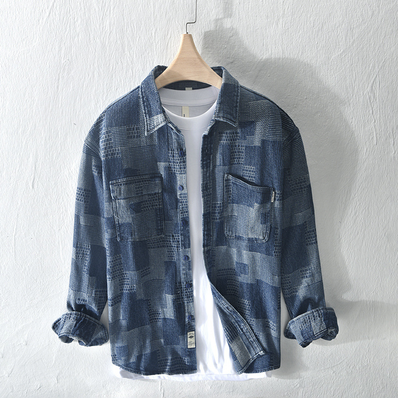 Z720 Japanese Shoulder Loose Casual Men's Shirt Denim Jacquard Shirt Jacket Z720 Japanese Shoulder Loose Casual Men's Shirt Denim Jacquard Shirt Jacket