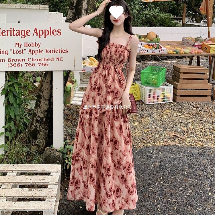 Regular/Extended Version) Vintage Rose Floral Strap Dress for Women, Summer French Style Long Dress, Elegant Waist-Cinching Dress