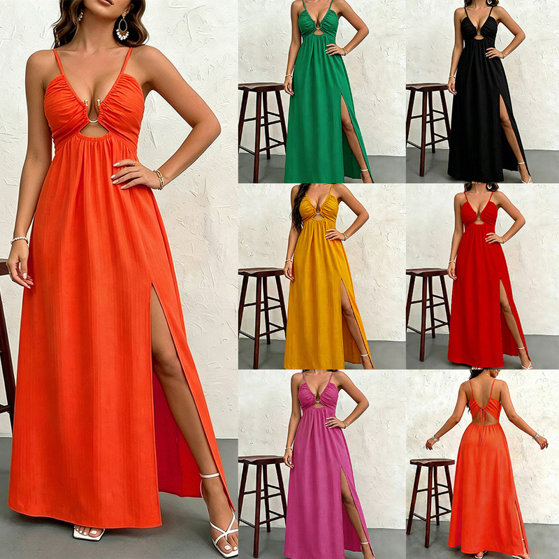 Source Factory Cross-Border Hot-Selling European and American Style Spaghetti Strap Dress with Deep V-Neck, Hollow-Out Lace-Up Design, and Slit Long Skirt for Women