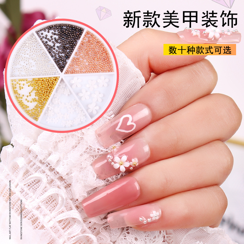 Joyería de uñas en caja taladro Perla metal remache lámina oro Shell rhinestone traje mezclado pequeña joyería al por mayor