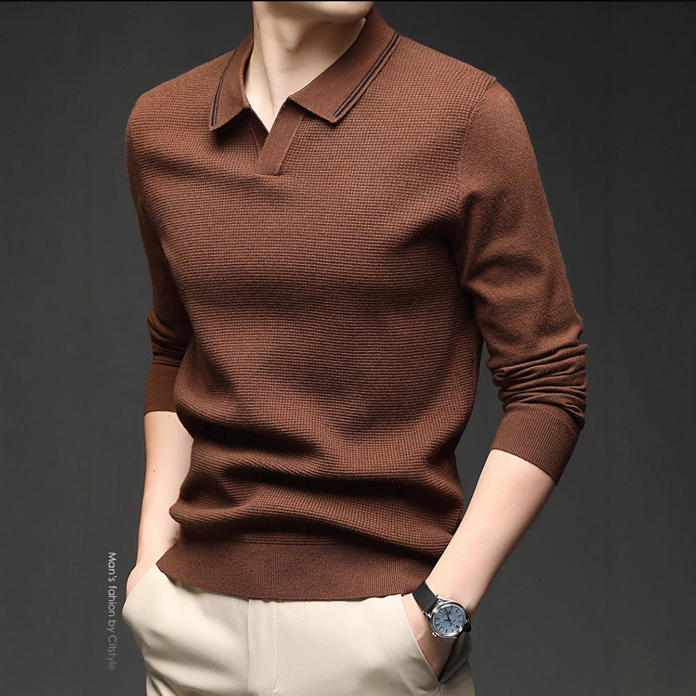 Camisas de punto de manga larga de tijeras de moda de hombre otoño y invierno con solapa simple chaqueta casual camiseta de base sólida suéter