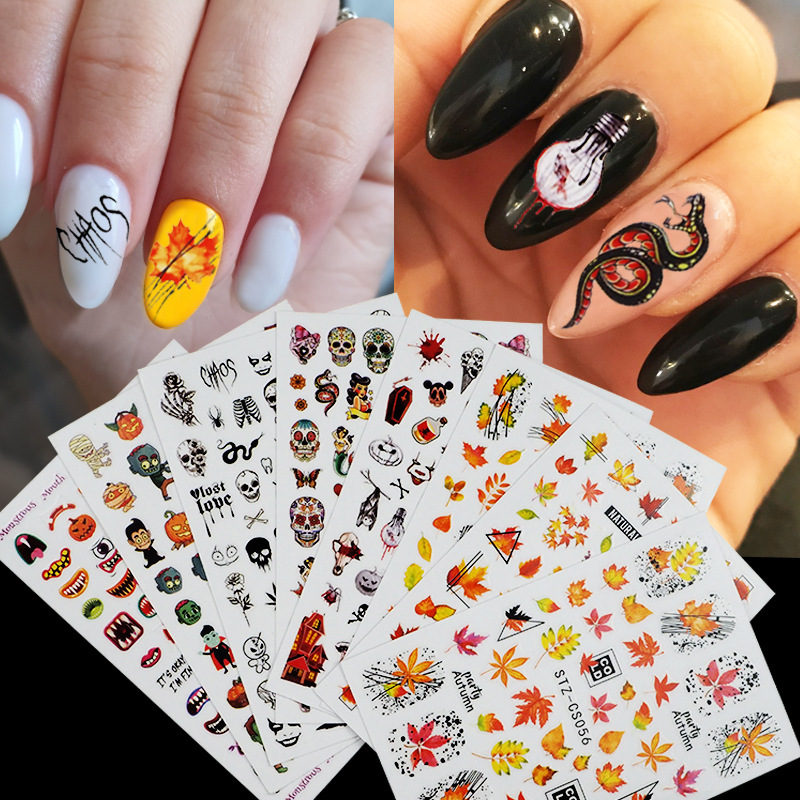 Cross-border Hot Halloween Sale Nail Art Stickers Gummed Colorful Pumpkin Zombie Skull Autumn Maple Leaf Nail Decal