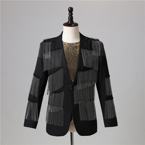 Bars male singer band gig dance blazers DJ ds han edition tide male sequins tassel stage costumes punk rock night club concert rehearsal evening atmospheric coat
