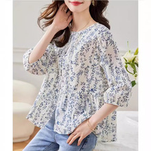 衬衫女2024年夏季新款中袖圆领碎花宽松气质衬衣别致漂亮小衫上衣