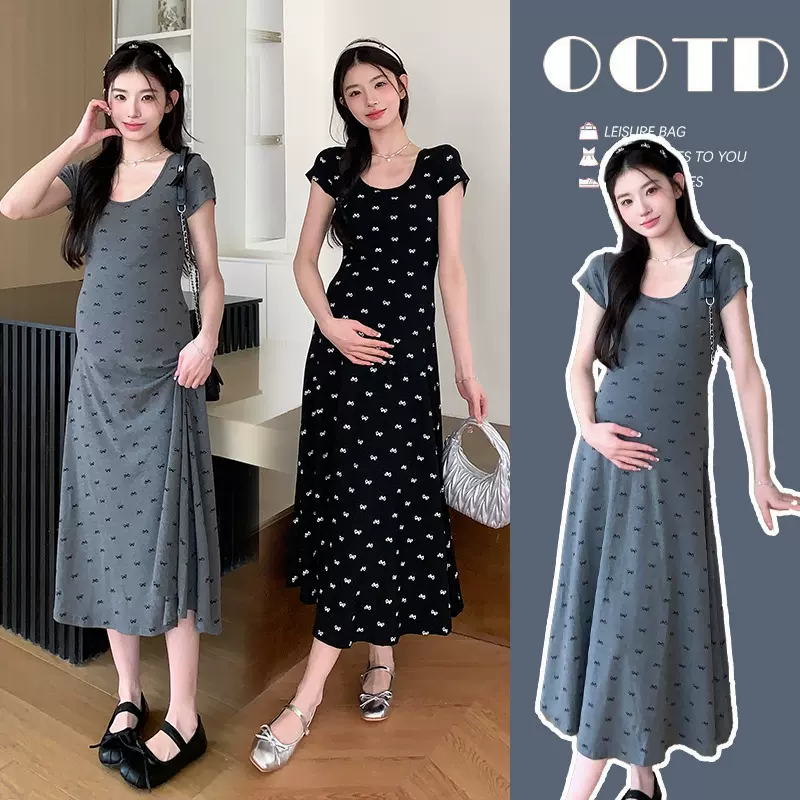 孕妇夏装短袖T恤裙子时尚网红孕妇装连衣裙法式碎花中长款连衣裙