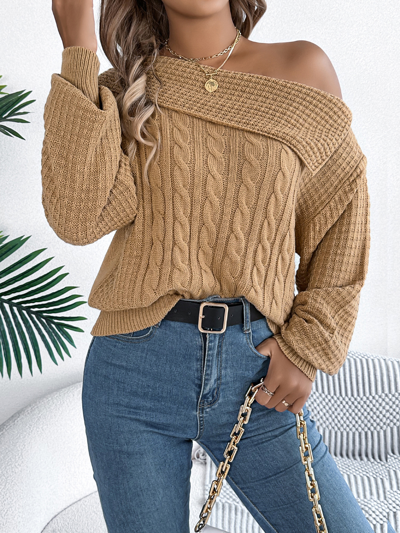 Women's Sweater Off Shoulder Lapel Twist Long Sleeve Pullover_voghion.com