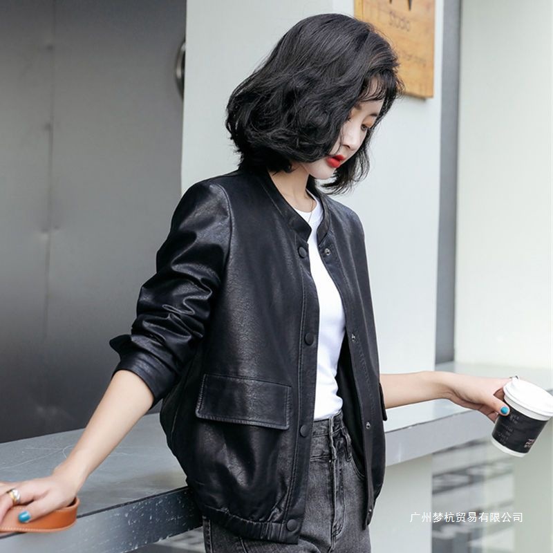 Stand Collar Leather Jacket Women's Short 2025 Spring & Fall New Korean Style Fashionable Small Motorcycle Leather Jacket