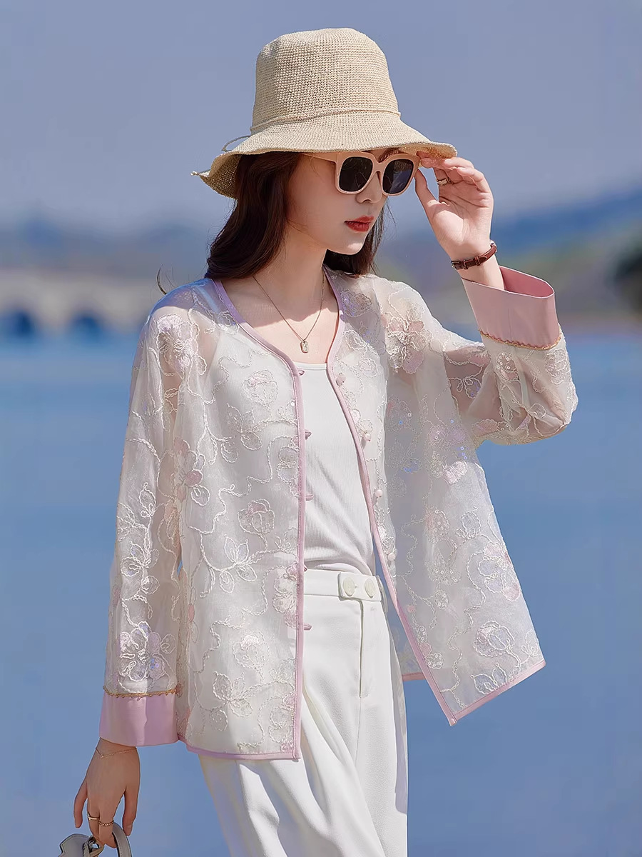 Áo cardigan nữ tay dài thêu hoa cổ tròn phối nút — Màu hồng, màu mơ