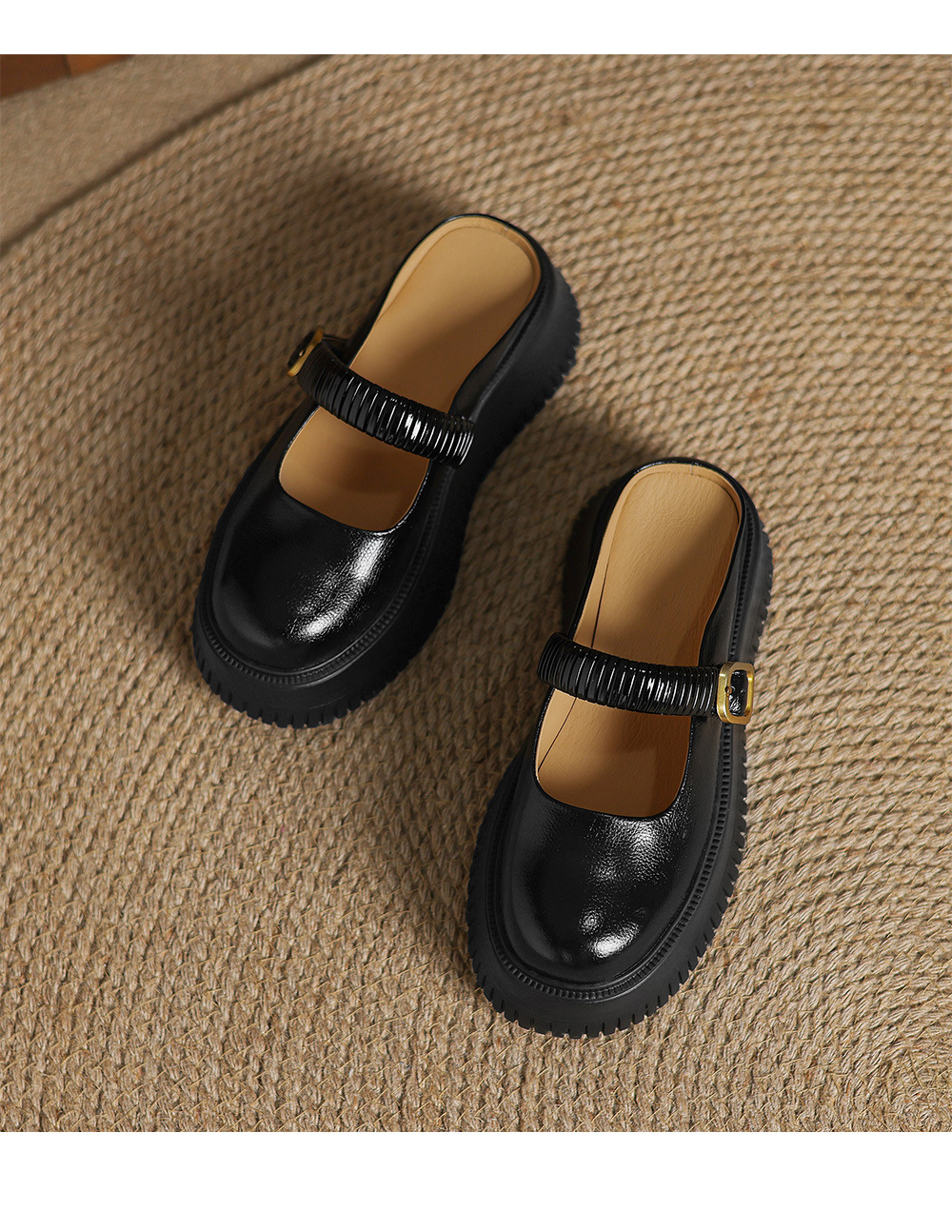 Dép sandal nữ đế dày 6cm mũi hở quai ngang Mary Jane — đen, vàng chi tiết 15