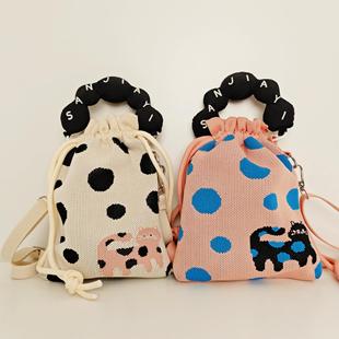 2025 Spring New Style Woven Drawstring Adjustable Shoulder Strap Satchel Knitted Bag Large Capacity Travel High-End Fashion