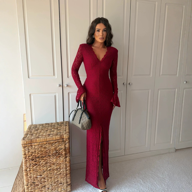 2026 new women's fashion: French-style elegant and sexy lace V-neck long-sleeve fitted dress with a cinched waist and a slit