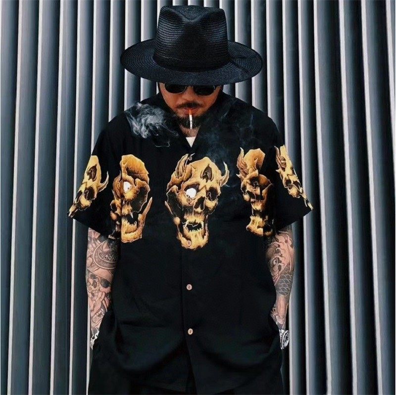 Wacko Maria 21Aw 56 Tattoo Tattoo Ghost Head Skull Hawaiian Short-Sleeved Shirt Wacko Maria 21Aw 56 Tattoo Tattoo Ghost Head Skull Hawaiian Short-Sleeved Shirt