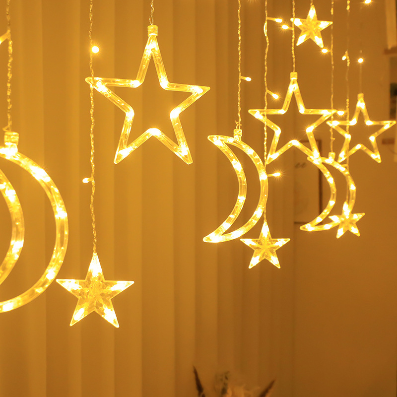 LED lights star and moon curtain lights solar Christmas holiday decoration scene layout outdoor courtyard Christmas lights LED lights star and moon curtain lights solar Christmas holiday decoration scene layout outdoor courtyard Christmas lights